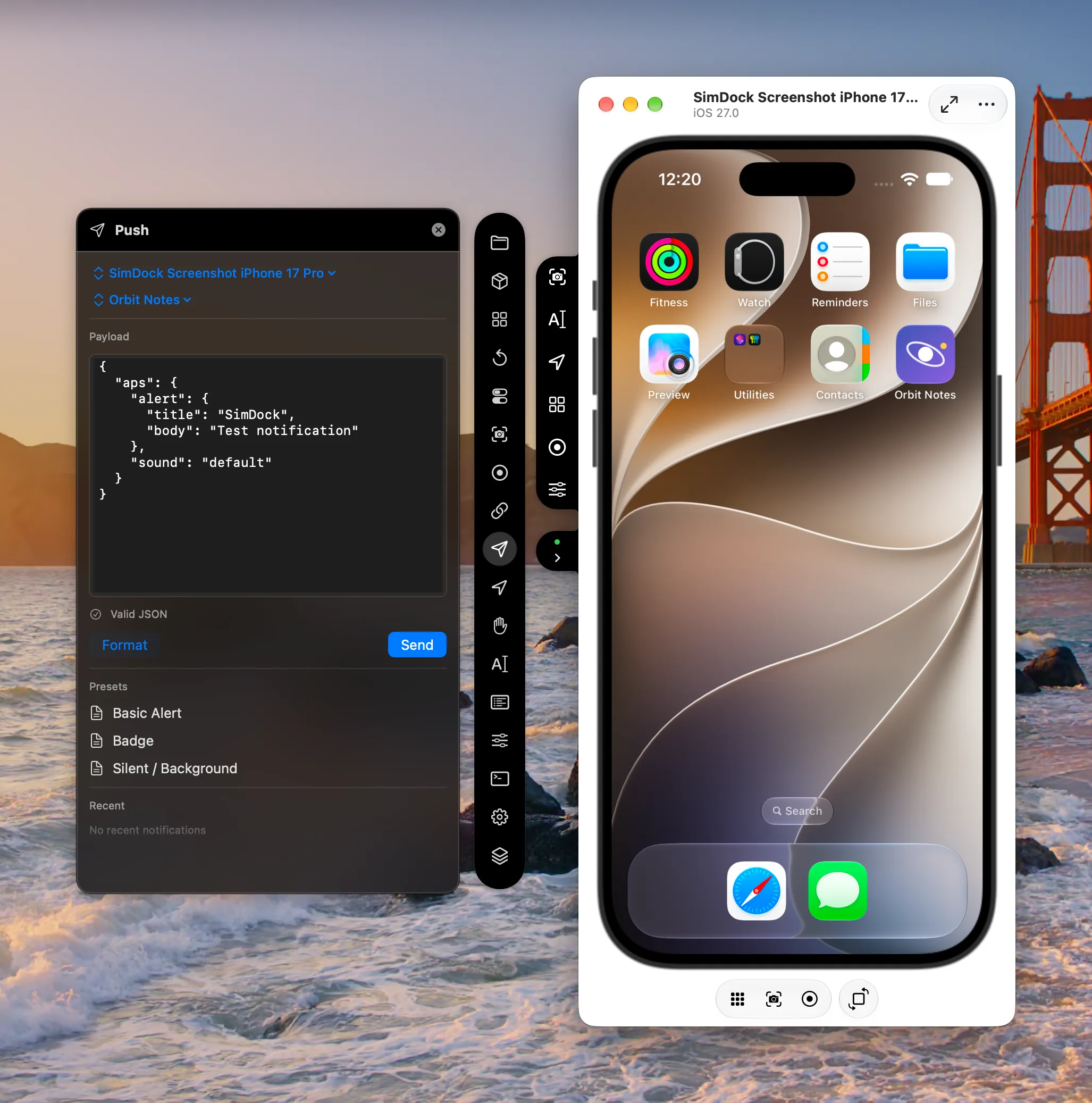 SimDock’s Push tool with the built-in Basic Alert payload loaded for a demo app, marked as valid JSON, with Format and Send buttons and the payload presets.